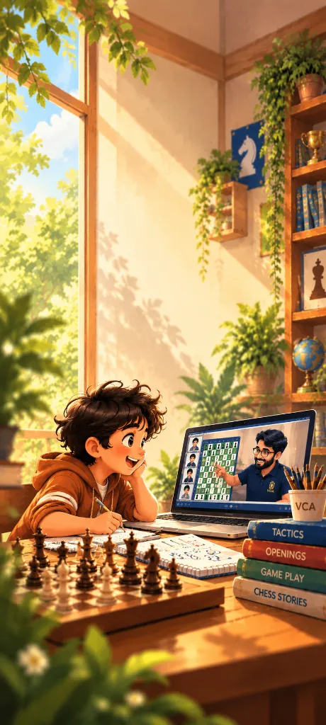A smiling child at a desk taking an online chess lesson with a coach on a laptop, with a chessboard and chess books nearby